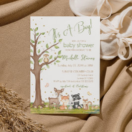 Grünbraune Boy Watercolor Waldtiere Einladung