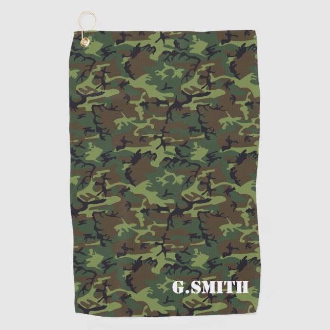 Grünbrauner Waldkäfig Camouflage Golfhandtuch (Vorderseite)