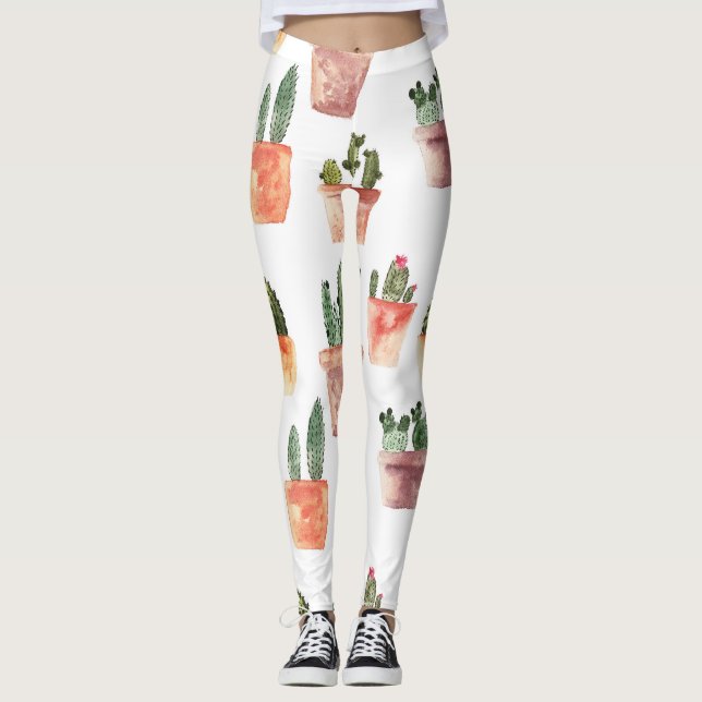 Grünbraunes Kaktusmuster Leggings (Vorderseite)