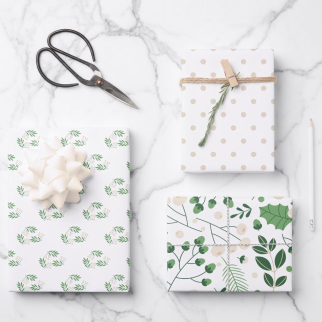 Grünbuch und Beige-Umschlagpapier | Elegante Weihn Geschenkpapier Set (Vorderseite)