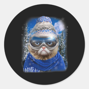 Grundierende Katze im Winter Ski Snowboarden Sport Runder Aufkleber