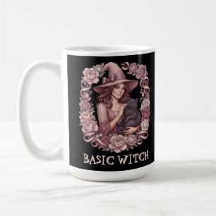 Grundlegende Hexe Rosa Florale Hexe & Schwarze Kat Kaffeetasse