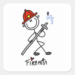 Grundlegende Stäbchenfigur Feuerwehrmann T-Shirts Quadratischer Aufkleber