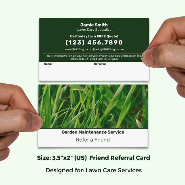 Grundlegender grüner und weißer Rasenpflegedienst  Empfehlungskarte (Basic Green & White Custom Image Lawn Service Referral Card; Size: 3.5x2 Inch)