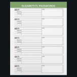 Grundlegender Kennworttracker mit Benutzername und Flyer<br><div class="desc">Ein großartiges Design,  um Ihre Passwörter zu organisieren. Dieses Design enthält einen Bereich,  in dem Sie oben Ihren Namen hinzufügen können. Andere Bereiche beinhalteten grundlegende Passwortinformationen für Benutzername und Passwort. Sie können das Bar oben ändern.</div>