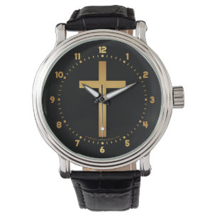 Grundlegendes christliches Quergold auf Schwarzem Armbanduhr