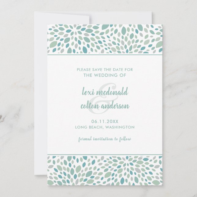Grüne Abstrakte Blüten Moderne Hochzeit am Meer Save The Date (Vorderseite)
