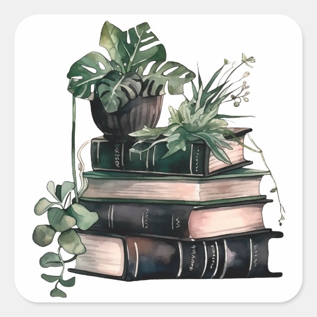 Grüne akademische Bücher und Pflanze Quadratischer Aufkleber (Vorderseite)