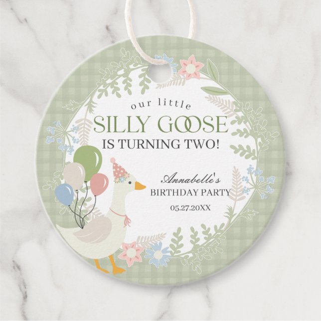 Grüne Alberne Gänse Floral Gingham Birthday Party Geschenkanhänger (Vorderseite)