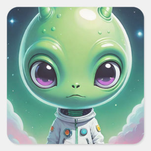 Grüne Alien mit Hörnern Quadratischer Aufkleber