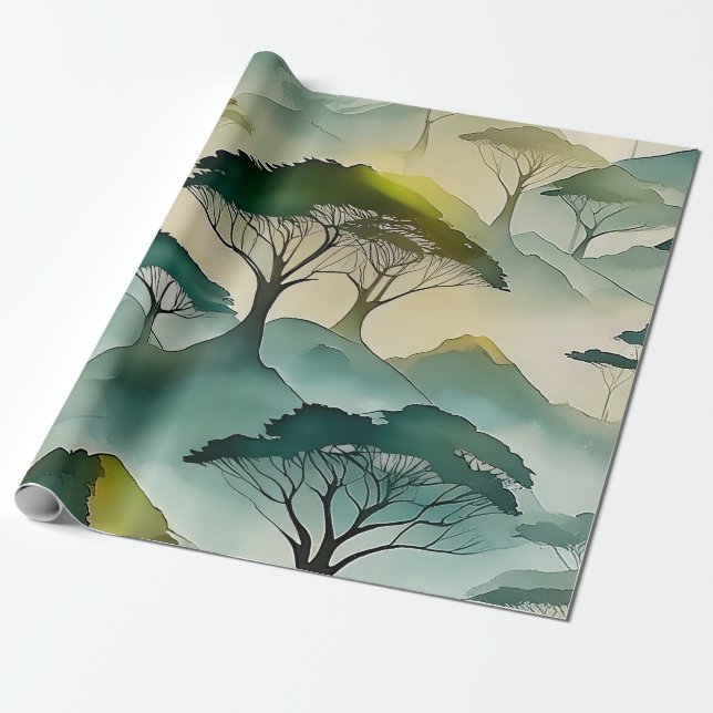 Grüne Aquarellbäume und hügelige Landschaft Geschenkpapier (Ungerollt)