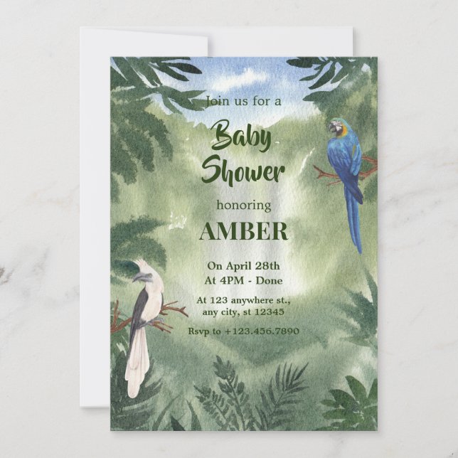 Grüne Aquarelldusche Parrot Forest Dschungel Babyd Einladung (Vorderseite)