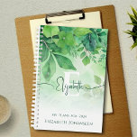 Grüne Aquarellfarben Blätter Elegantes Skript Mit  Planer<br><div class="desc">Organisieren in Stil: Green Watercolor Blätter Mit Monogramm Planer! Erhöhen Sie Ihr Planspiel mit diesem eleganten und anpassbaren Planer. Das Design zeichnet sich durch einen ruhigen, grünen, grünen Aquarellhintergrund aus, der die Bühne für ein elegantes Monogramm und einen dunkelgrünen Schriftnamen setzt. Unterhalb des Monogramms werden der Zweck des Planers und...</div>
