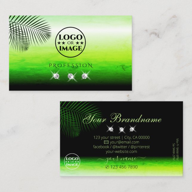 Grüne Aquarellfarben Palm Blätter Diamanten mit Lo Visitenkarte (Vorne/Hinten)