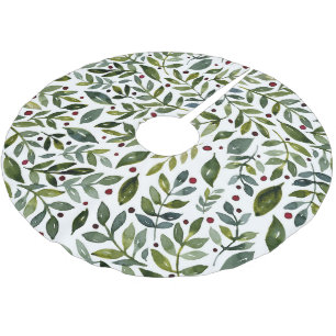 Grüne Aquarellfarben Saisonzweige und Beeren Polyester Weihnachtsbaumdecke