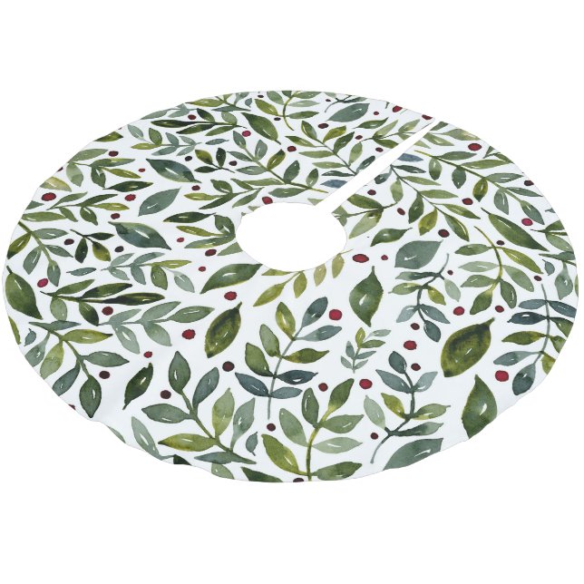 Grüne Aquarellfarben Saisonzweige und Beeren Polyester Weihnachtsbaumdecke (Schrägansicht)