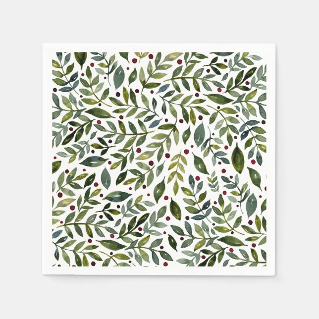 Grüne Aquarellfarben Saisonzweige und Beeren Serviette (Vorderseite)