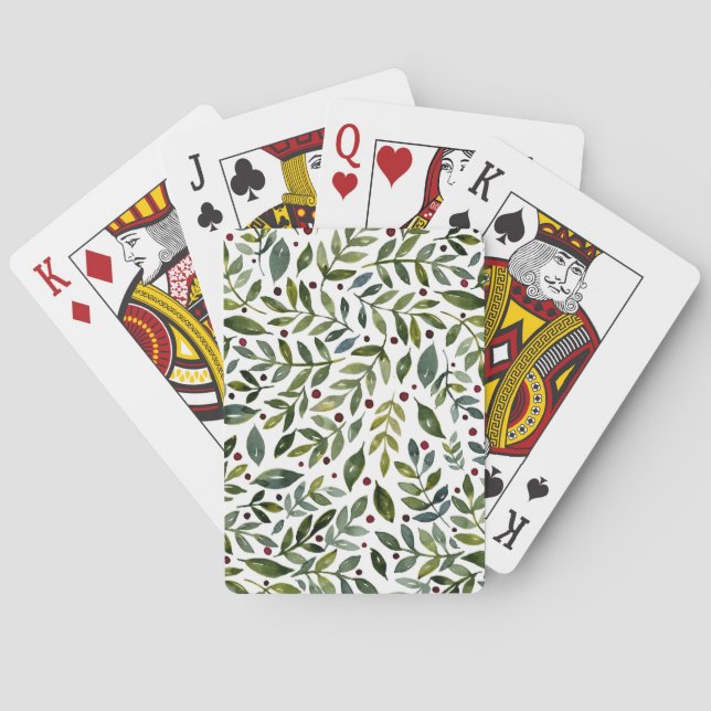 Grüne Aquarellfarben Saisonzweige und Beeren Spielkarten (Rückseite)