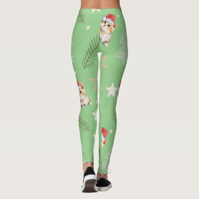 Grüne Aquarellkatze Weihnachten Weihnachten Leggings (Rückseite)