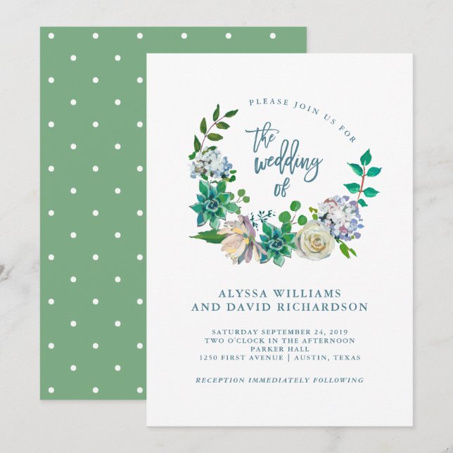 Grüne Aquarellsicke und Blume | Hochzeit Einladung (Vorne/Hinten)