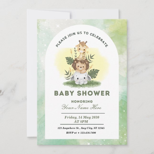 Grüne Aquarelltiere Baby Shower Boy Einladung (Vorderseite)