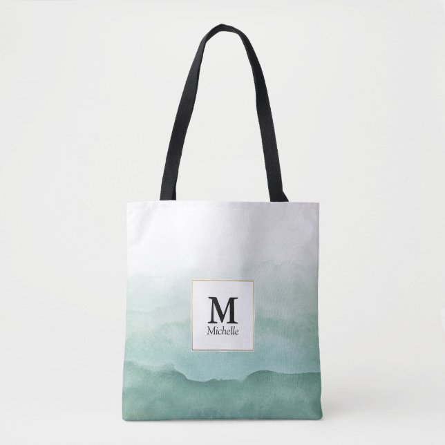 Grüne Aquarellwellen Monogram Tote Bag Tasche (Vorderseite)