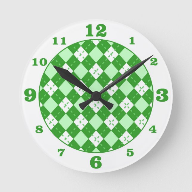 Grüne Argyle-Karo-Rund-Uhr Runde Wanduhr (Vorderseite)