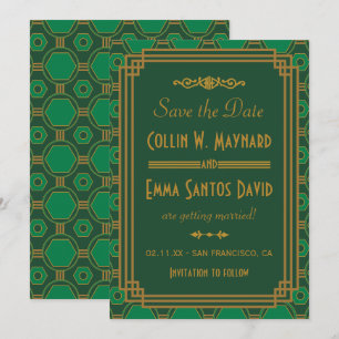 Grüne Art Deco Hochzeit Save The Date Einladung