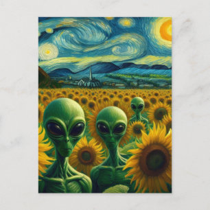 Grüne Außerirdischen auf einem Van Gogh-Sonnenblum Postkarte