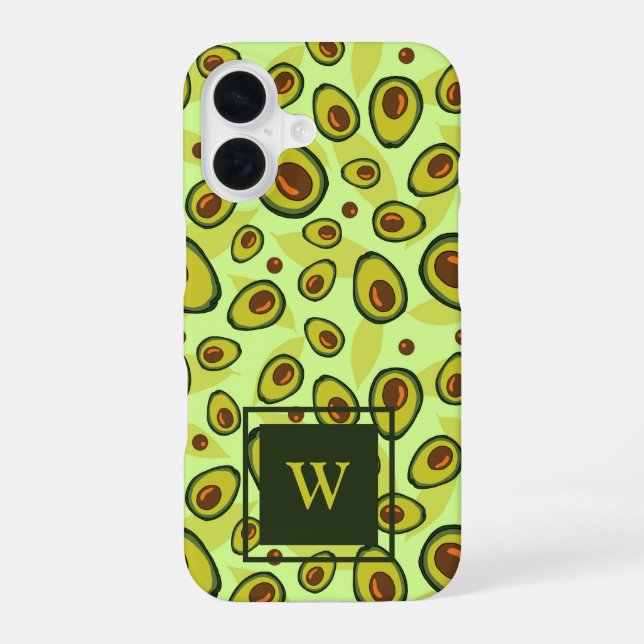 Grüne Avocado-Fruchtmuster-Monogramm iPhone 16 Hülle (Rückseite)