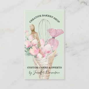 Grüne Bäckerei Koch Pink Blume Boho Visitenkarte
