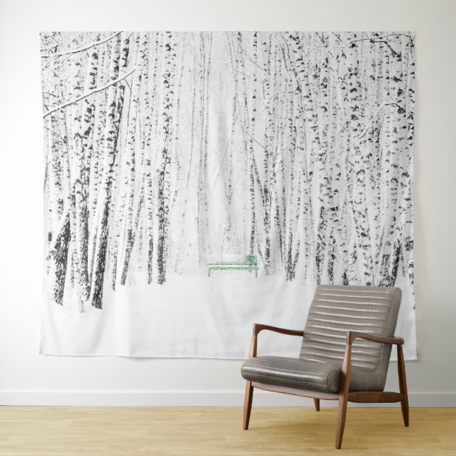 Grüne Bank im Winterpark. Lass es Weihnachten schn Wandteppich (Beispiel (Horizontal))