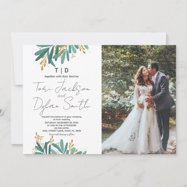Grüne Bäume Hochzeitseinladungen mit Foto Einladung (Vorderseite)