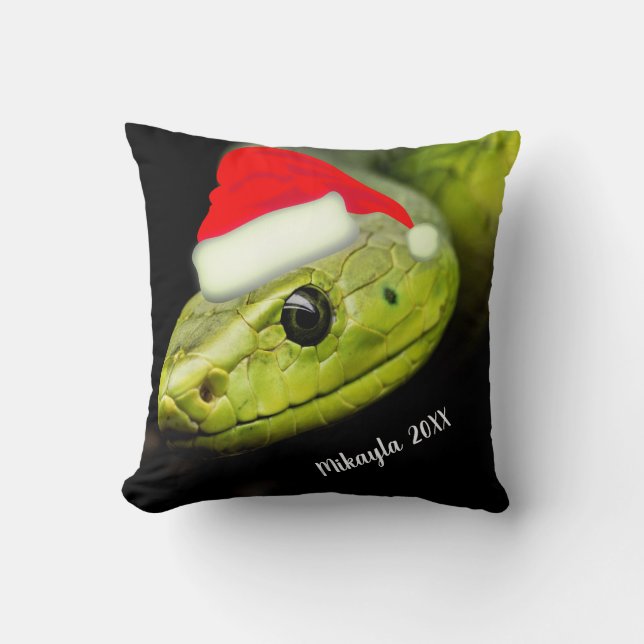 Grüne Baumschlange in Weihnachtsmannmütze Kissen (Vorderseite)