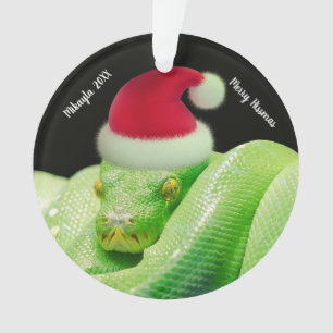 Grüne Baumschlange in Weihnachtsmannmütze Merry  Ornament