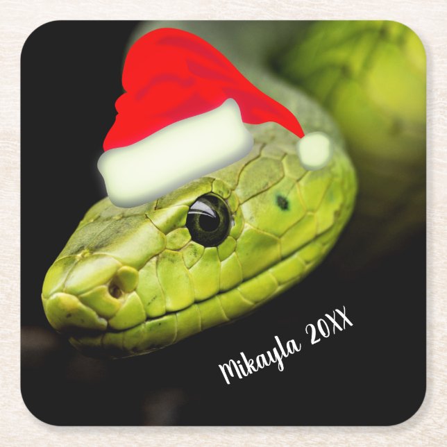 Grüne Baumschlange in Weihnachtsmannmütze Rechteckiger Pappuntersetzer (Vorderseite)