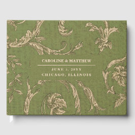 Grüne Beige Vintage Muster Burlap Textur Hochzeit Gästebuch