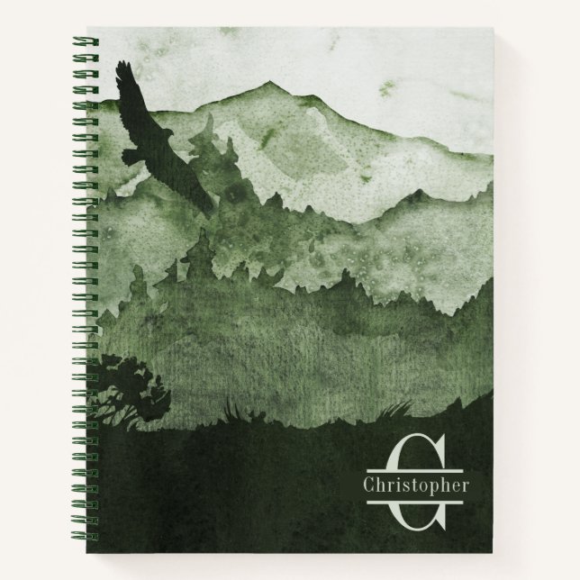 Grüne Berge Eagle Masculine Monogram Inital Notizbuch (Vorderseite)