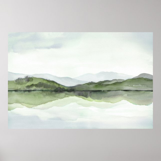 Grüne Berge Spiegelungen Wasserfarbene Landschaft Poster (Vorne)