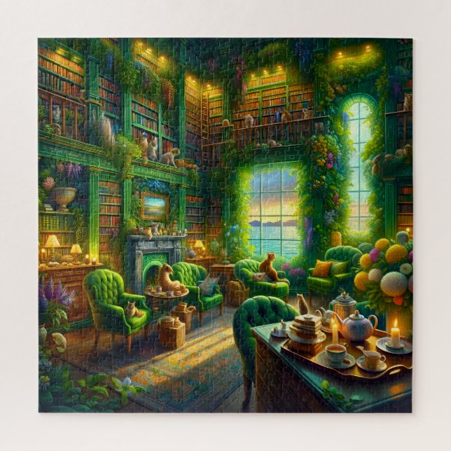 Grüne Bibliothek Katzen Teezeit Küstenblick (Vertikal)