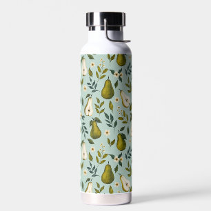 Grüne Birnen-Aquarell-Muster auf staubblauem Hinte Trinkflasche