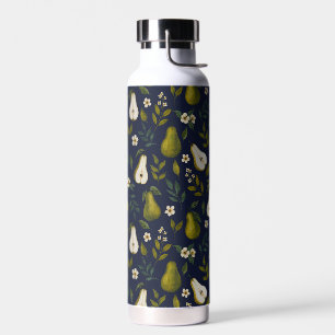 Grüne Birnen-Aquarellmuster auf Dunkelblau Trinkflasche