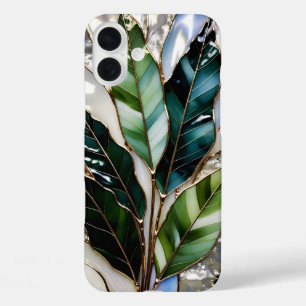 Grüne Blatt Marmor Gold Ästhetik Handyhülle iPhone 16 Plus Hülle