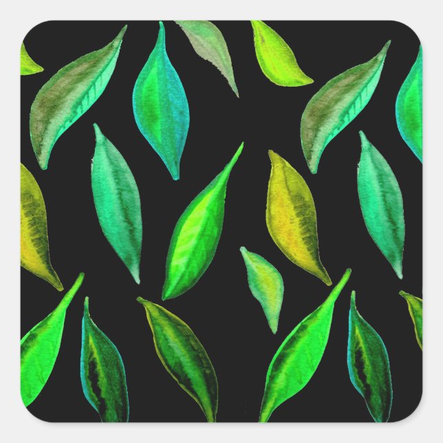 Grüne Blätter Aquarell Quadratischer Aufkleber (Vorderseite)