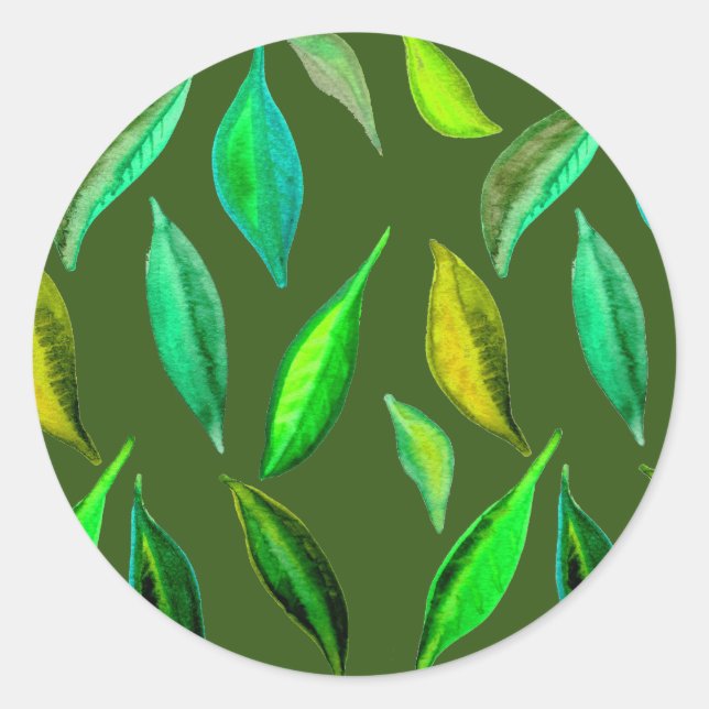 Grüne Blätter Aquarell Runder Aufkleber (Vorderseite)
