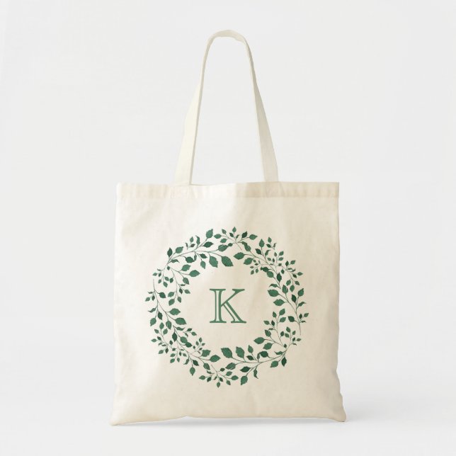 Grüne Blätter Aquarellkronen-Monogramm Totbeutel Tragetasche (Vorne)