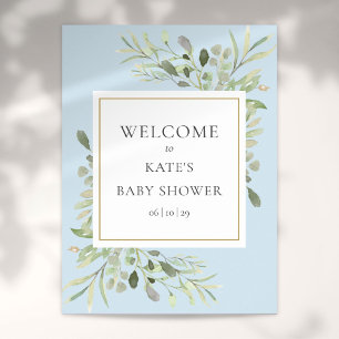 Grüne Blätter Blau Baby Boy Shower Begrüßungsschil Poster