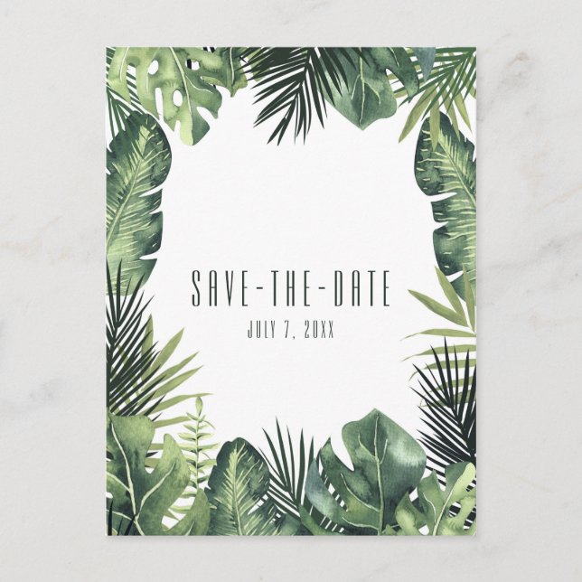 Grüne Blätter Botanisches Tropisches Save the Date Ankündigungspostkarte (Vorderseite)
