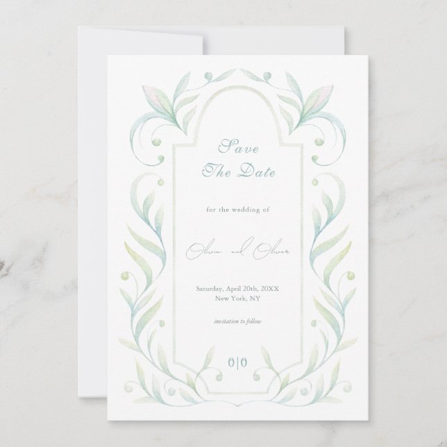 Grüne Blätter, die das Datum speichern Einladung (Vorderseite)