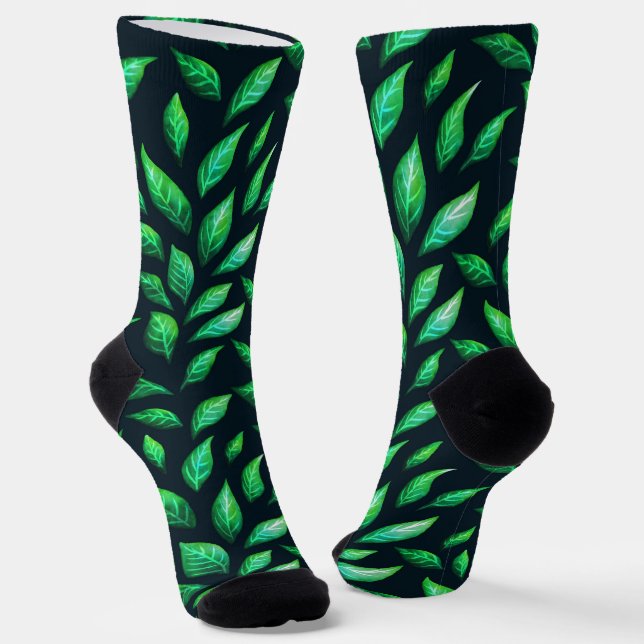 Grüne Blätter Dunkles botanisches Muster Socken (Gewinkelt)